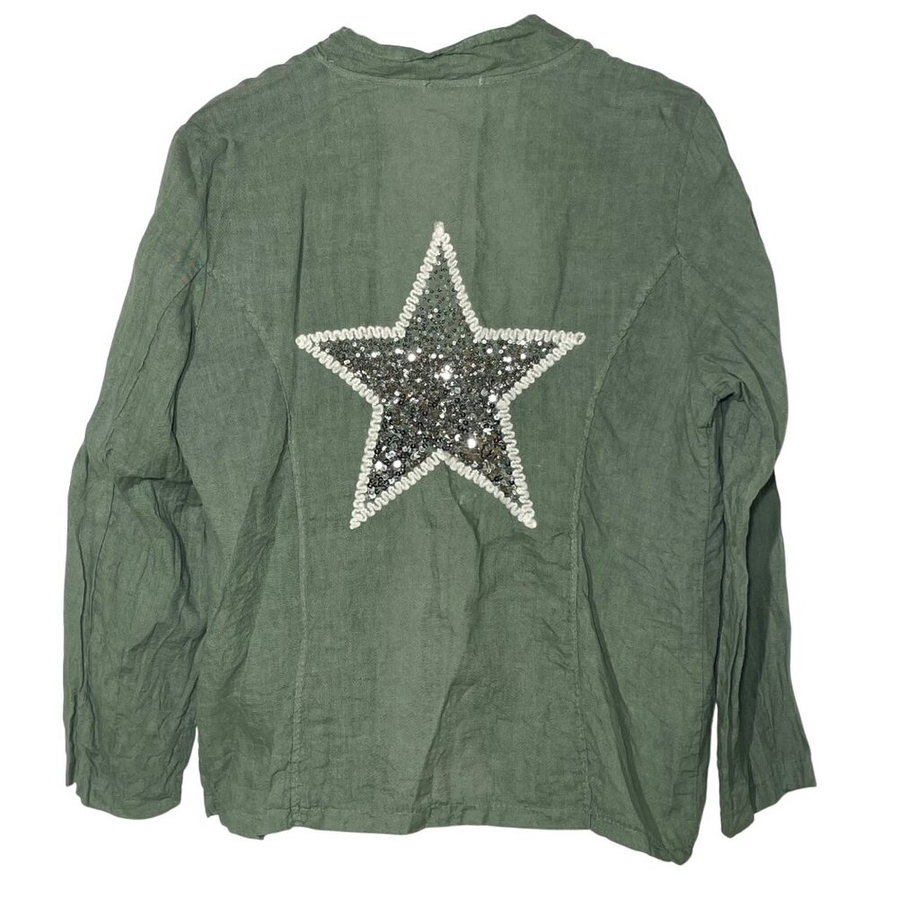 Made in Italy 100% Linen Sequin Star Artsy Lagenlook Jacket Blazer MED (APPROX)